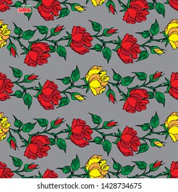 Red yellow  roses, ornamental flowers Seamless Pattern, isolated on grey   background  Floral  border wallpaper vector illustration