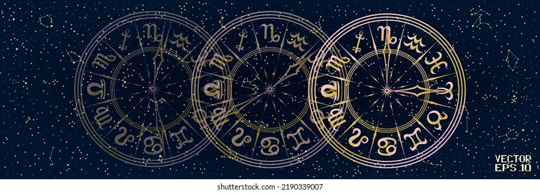 Red and Yellow Round Frame with Zodiac Signs. Horoscope Symbol. Panoramic Sky Map of Hemisphere. Glowing Constellations on Starry Night Background. Vector. 3D Illustration