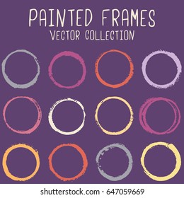 Red and yellow round paint brush strokes, colorful circle frame or border vector collection. Oval, circular logo elements. Hand drawn stains, brushstrokes.