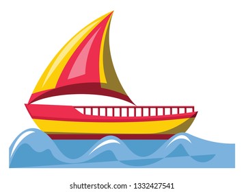 Red and yellow sailing ship vector illustration on white background.