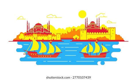 Red and yellow sailing ships floating
