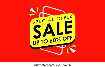 A red and yellow sale banner sign that says Special Offer Sale Up to 60% Off.