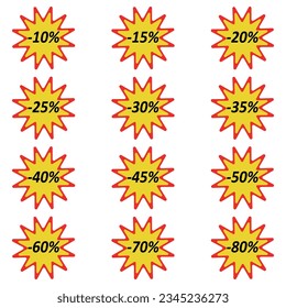 Red and yellow sale tags collection. Special offer or shopping discount label. Paper sticker. Promotional sale badge. Vector illustration.