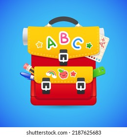 Red with Yellow School Backpack on Blue Background. Vector illustration for education projects.