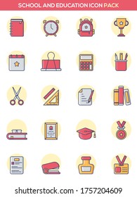 Red and Yellow School or Education Icons on Round Background.