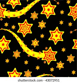 Un fondo funky rojo y amarillo sin costuras con estrellas sobre una base negra que puede enlosarse