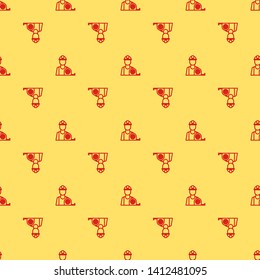 Red and yellow seamless pattern Builder line icon, build and repair, construction worker sign