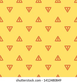 Red and yellow seamless pattern Caution warning sign with exclamation mark. Alert, danger, hazard, attention and error symbol. Triangle shape.