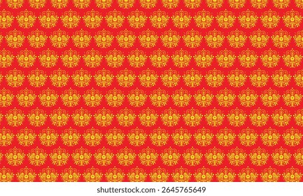 Red and yellow seamless pattern with red flowers and striped design