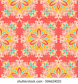 Red and yellow seamless pattern with geometric and floral ornament  in doodle style. Vector illustration 