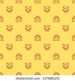 Red and yellow seamless pattern Receive mail icon. Opened envelope with letter inside.