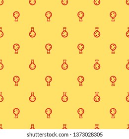 Red and yellow seamless pattern Test tube icon. Laboratory equipment