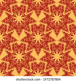 Red and yellow seamless pattern with vintage ornament. Good for clothing, textiles, backgrounds and prints. 