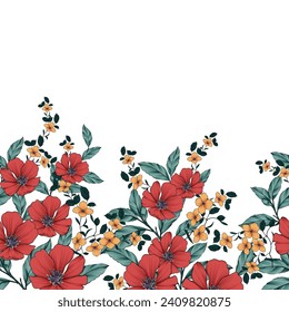 flores vectoriales sin costura rojas y amarillas con hojas verdes patrón de borde blanco