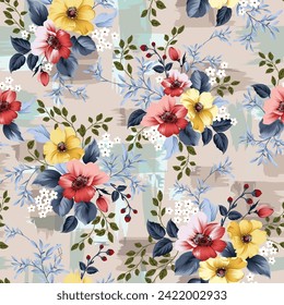 flores vectoriales sin costura rojas y amarillas con un patrón de tramos de hojas azules sobre fondo de textura