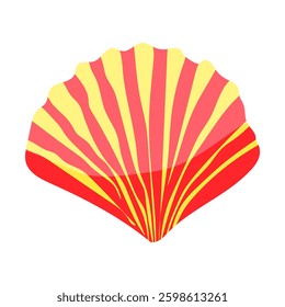 A red and yellow shell with a yellow stripe. The shell is drawn in a cartoon style. The shell is a symbol of the ocean and the colors of the shell represent the sun and the water