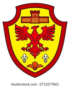 A red and yellow shield with a bird on it