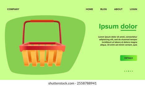 Red and yellow shopping basket vector illustration. Basket as symbol of shopping, payment, discount or delivery. Landing page template. Shopping, commerce or e-commerce concept