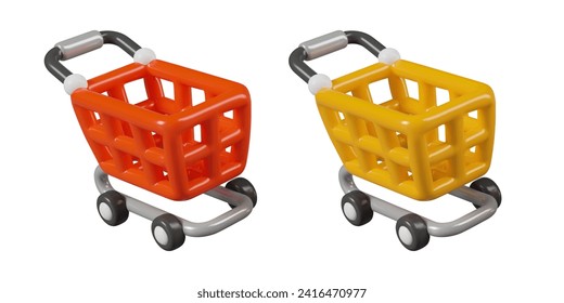 Rote und gelbe Einkaufswagen. Leerer Ladenwagen. Symbol des Online-Handels, digitales Marketing. Satz von Vektor3D-Modellen auf weißem Hintergrund mit Schatten