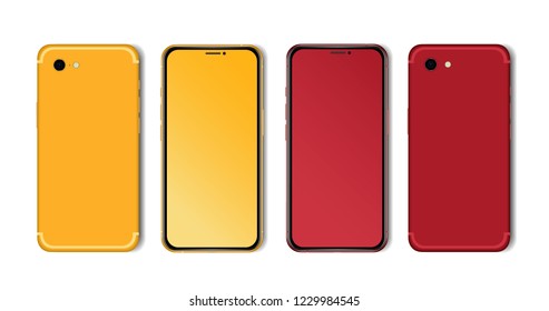 Red and yellow Smartphone Mockup with Blank Screen Isolated. Realistic Front and Back View svg