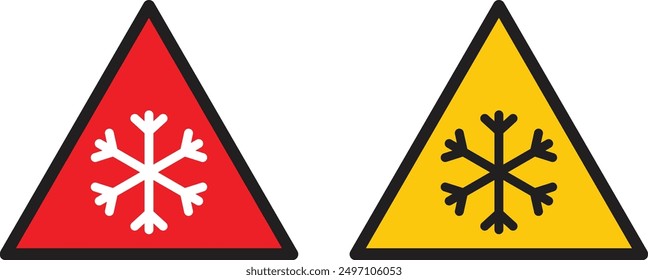 Red and yellow snow warning sign . Snowfall icon . Snowflake caution icon vector