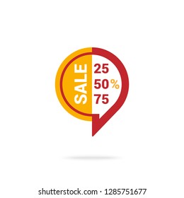 Red and yellow speech bubble offering various discounts during sale