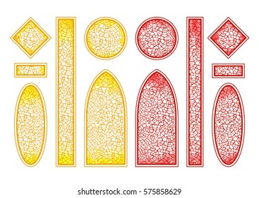 Red and yellow stained-glass windows set. Different form, shape, size. Vector illustration isolated on white background. Colorful mosaic. Leaded light panel. Gothic arch window. Luminous glass. 