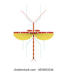 Icono plano geométrico del insecto de palo rojo y amarillo. Palo de palo o bastón colorido con antenas y piernas.