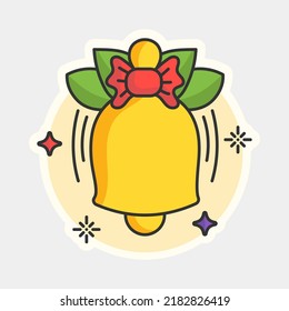 Red And Yellow Sticker Style Jingle Bell On White Background.