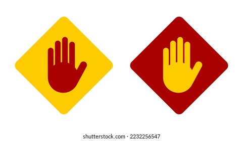 Red and Yellow Stop Hand Palm Block Diamond-Shaped Sign or Adblock or Do Not Enter Icon Set. Vector Image.