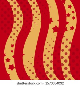 Red and yellow striped background with stars and polka dot. Trendy vector illustration with different shapes. Colorful abstract pattern, creative texture.