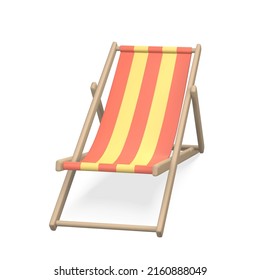 Red And Yellow Striped Beach Chair. Realistic 3D Deck Chair Isolated On White Background. Summertime Object. Vector Illustration.