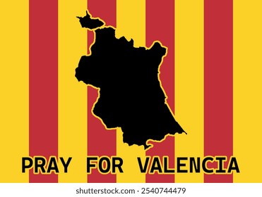 Bandeira listrada vermelha e amarela com mapa de Valencia e texto Amém para Valencia devido ao desastre natural de DANA