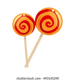 Red and yellow striped lollypops, cartoon vector illustration isolated on white background. Two shiny lollypops, red and orange color, yummy looking dessert