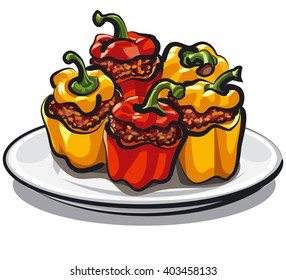 red and yellow stuffed bell peppers with mince and rice, baked vegetables with meat