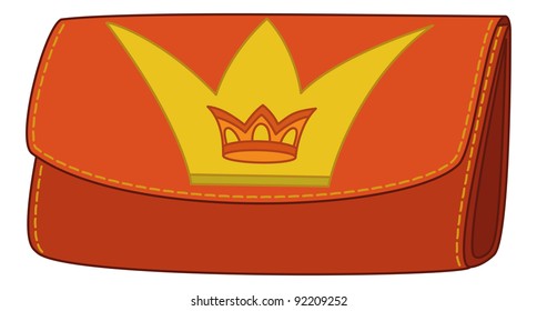 Red and yellow stylish leather wallet for money with crown emblem. Vector