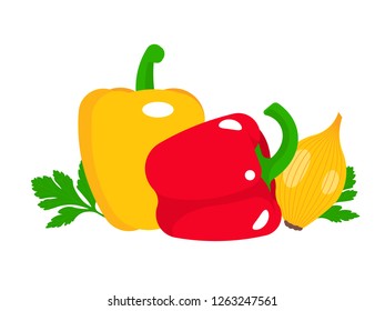 Red and yellow sweet peppers, onions and parsley. Bright vector vegetables.