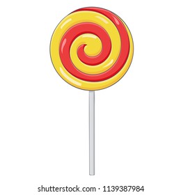 Red and yellow swirl lollipop. Sugar candy. Vector illustration isolated on white background