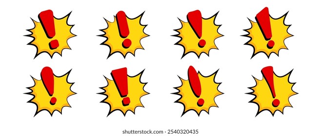 Red and yellow symbols with explosive exclamation marks designed for comic style warnings and alerts. Ideal for highlighting danger, risk, and important information