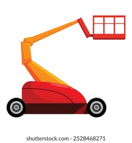 Red and yellow telescopic boom lift with empty operator platform standing on a white background