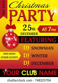 Red and yellow template poster Christmas party and New Year with bauble. Holidays flyer design. Vector illustration.