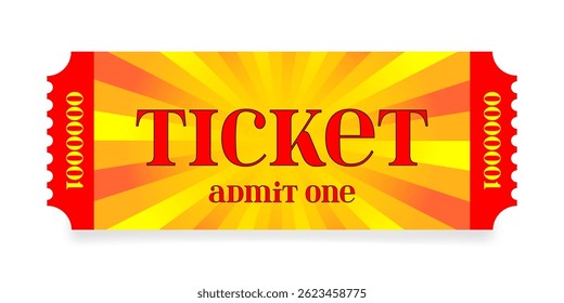 Red and yellow ticket design with radial pattern. Ruffle edges and shadow. Circus, movie or zoo ticket