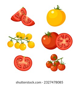 Los tomates rojos y amarillos son de cereza. Granja ramificación de tomate fresco. Ilustración vectorial de diseño plano aislada en fondo blanco.