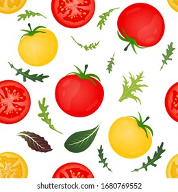 Red and yellow tomatoes on white background. Tomato vegetable with lettuce and arugula leaves. Vector illustration. Seamless pattern.