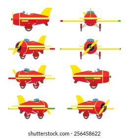 Red and yellow Toy Airplane. The objects are isolated against the white background and shown from different sides