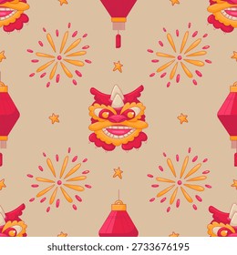 Patrón asiático tradicional rojo y amarillo. Linternas de estilo plano, petardos y cabezas de dragón. Año Nuevo Lunar Chino