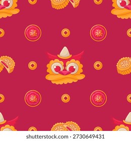 Red and Yellow Traditional Chinese Pattern. Flat Style Dragons Heads, Coins, Hieroglyph Patch And Moon Gingerbreads . Lunar Chinese New Year