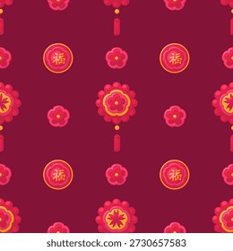 Padrão chinês tradicional vermelho e amarelo. Amuletos de estilo plano e flores de Sakura . Ano Novo Lunar Chinês