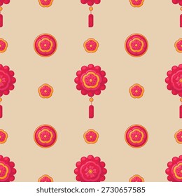 Padrão chinês tradicional vermelho e amarelo. Amuletos de estilo plano e flores de Sakura . Ano Novo Lunar Chinês