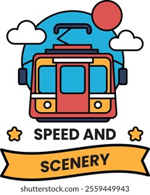 A red and yellow train with a blue sky in the background